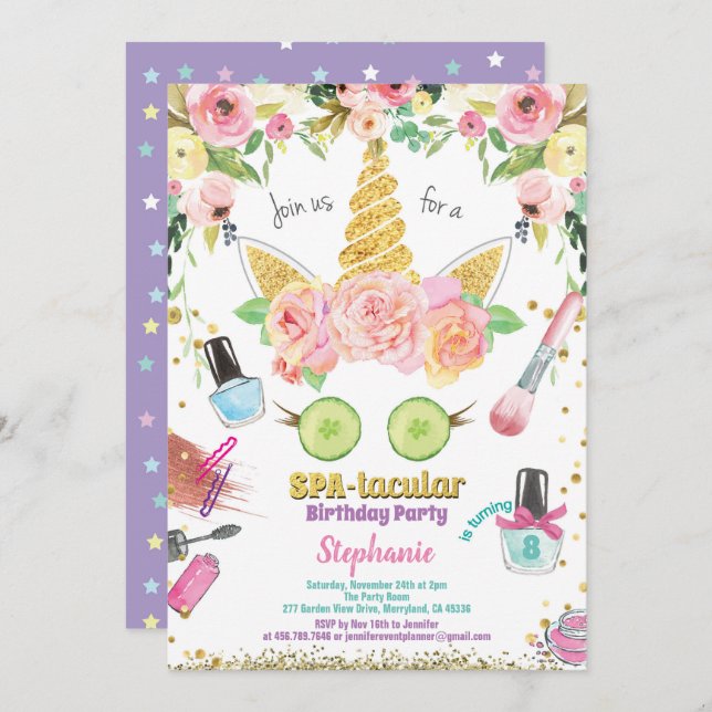 Unicorn spa party birthday invitation watercolor (Front/Back)