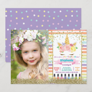Unicorn spa party girl birthday pastel photo invitation
