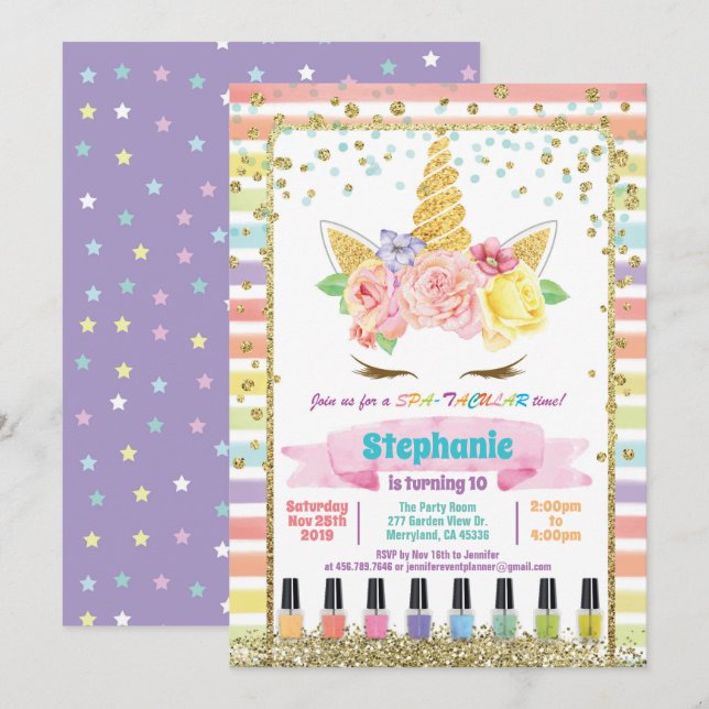 Unicorn spa party girl birthday pastel rainbow invitation (Front/Back)