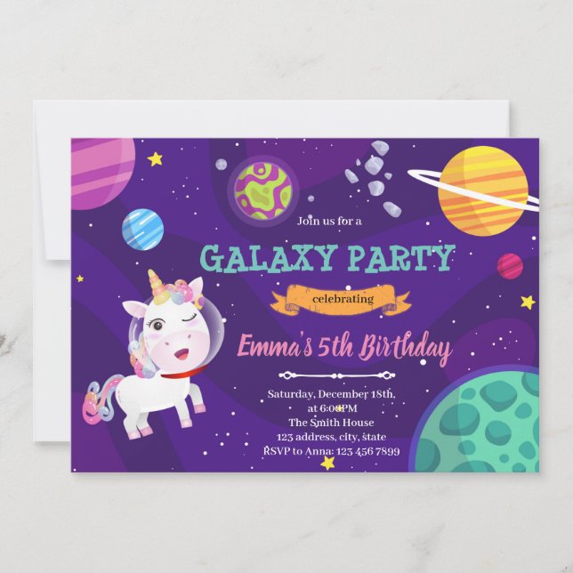 Unicorn space galaxy invitation (Front)