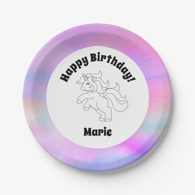 Unicorn Space Happy Birthday  Paper Plate (Front)
