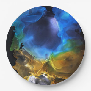 Unicorn Space Nebula blue yellow Alcohol ink art Paper Plate