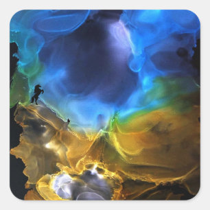 Unicorn Space Nebula blue yellow Alcohol ink art Square Sticker