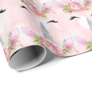 Unicorn Sparkl Glitter Pink Floral Silver Floral Wrapping Paper