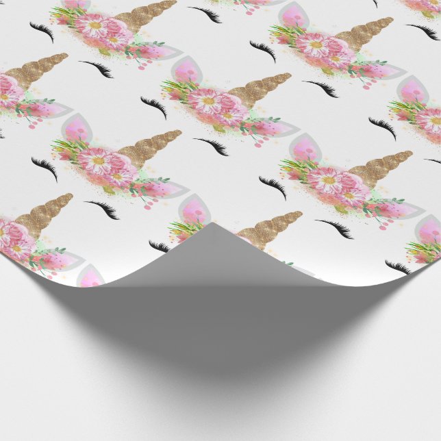 Unicorn Sparkl Glitter Pink Gold Floral Rose White Wrapping Paper (Corner)