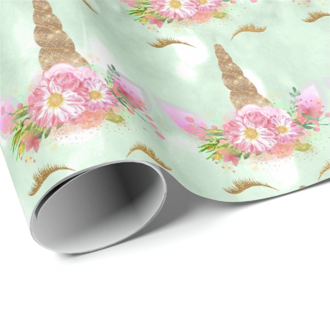 Unicorn Sparkl Glitter Pink Rose MInt Gold Floral Wrapping Paper (Roll Corner)