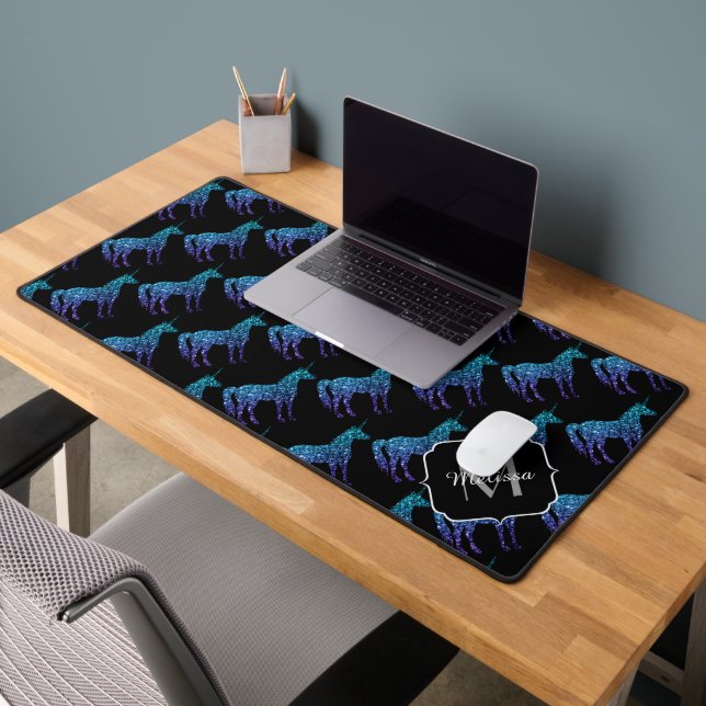 Unicorn Sparkles aqua blue ombre black Monogram Desk Mat (Office 2)