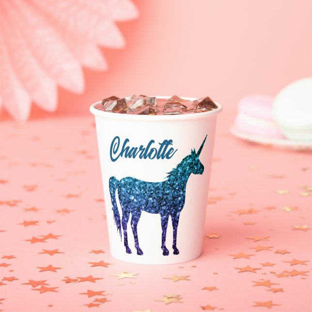 Unicorn Sparkles aqua blue ombre Custom name Paper Cups (Insitu)