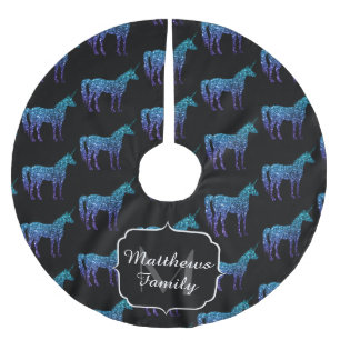 Unicorn Sparkles aqua blue ombre pattern Monogram Brushed Polyester Tree Skirt