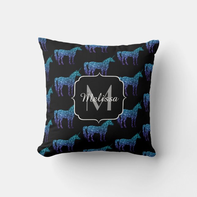 Unicorn Sparkles aqua blue ombre pattern Monogram Cushion (Front)