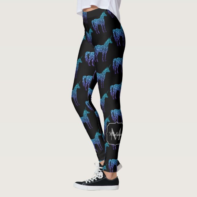 Unicorn Sparkles aqua blue ombre pattern Monogram Leggings (Left)
