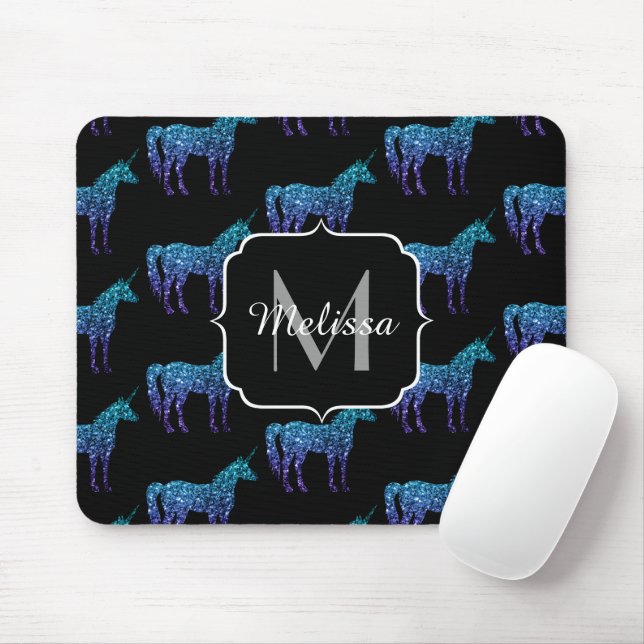 Unicorn Sparkles aqua blue ombre pattern Monogram Mouse Pad (With Mouse)