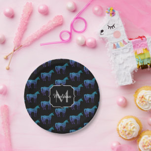 Unicorn Sparkles aqua blue ombre pattern Monogram Paper Plate