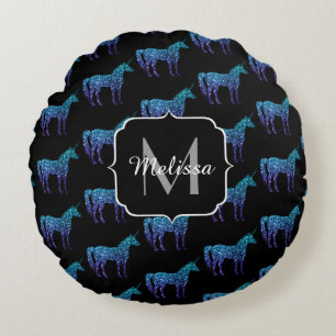 Unicorn Sparkles aqua blue ombre pattern Monogram Round Cushion