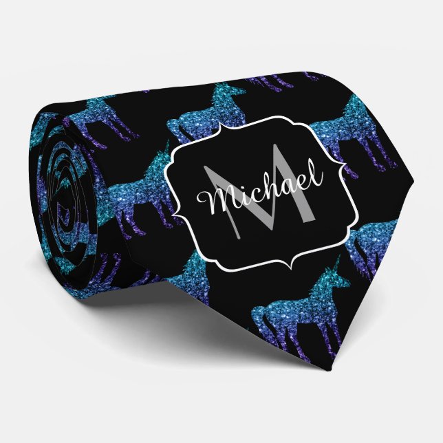 Unicorn Sparkles aqua blue ombre pattern Monogram Tie (Rolled)