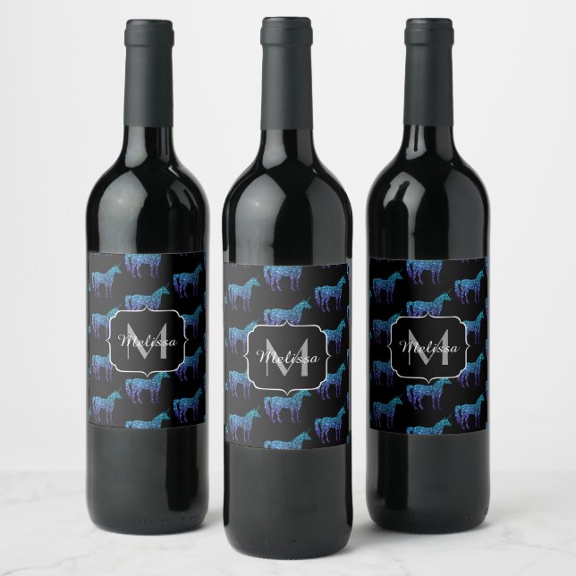 Unicorn Sparkles aqua blue ombre pattern Monogram Wine Label (Bottles)