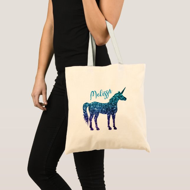 Unicorn Sparkles aqua blue ombre Your name Tote Bag (Front (Product))