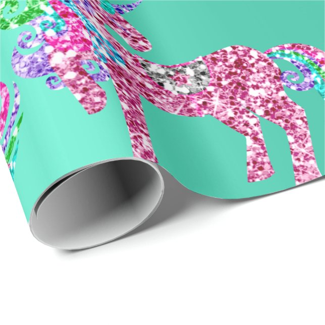 Unicorn Sparkly Glitter Pink Fairly Mint Lux Green Wrapping Paper (Roll Corner)