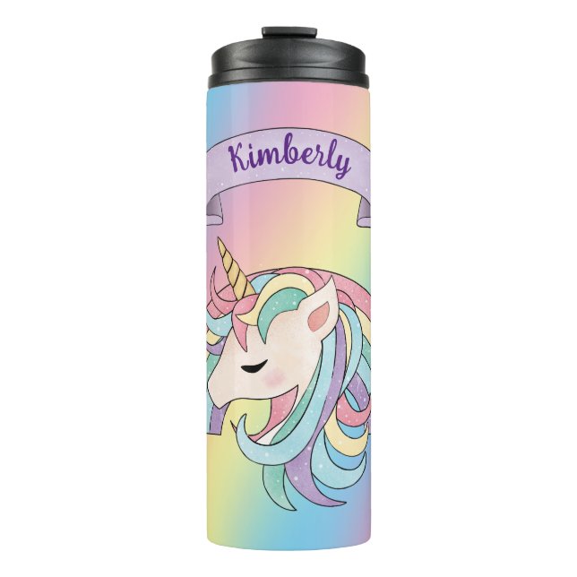 Unicorn & Sparkly Rainbow Custom Name Colourful Thermal Tumbler (Front)