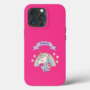 Unicorn & Sparkly Rainbow Custom Name on Hot Pink iPhone 13 Pro Case