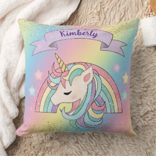Unicorn & Sparkly Rainbow Gold Glitter Custom Name Cushion