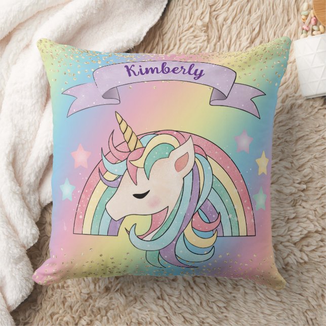 Unicorn & Sparkly Rainbow Gold Glitter Custom Name Cushion (Blanket)