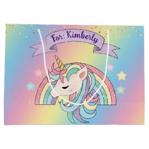 Unicorn & Sparkly Rainbow Gold Glitter Custom Name Large Gift Bag