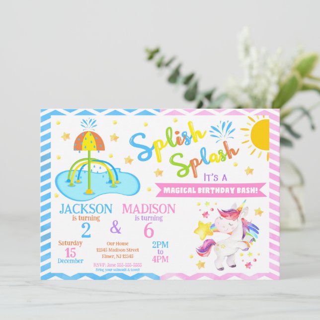 Unicorn & Splash Pad Joint Birthday | Water Park Invitation (Standing Front)