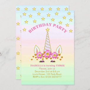 Unicorn, Stars, Flowers and Confetti Birthday Invitation