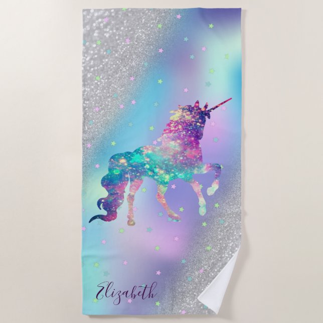 Unicorn, Stars,Silver Glitter Bokeh Holographic Beach Towel (Front)