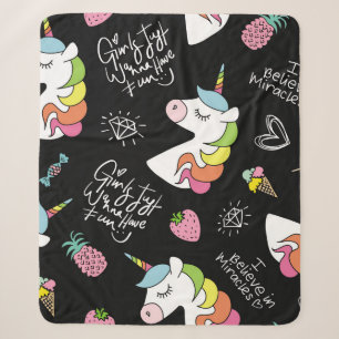 Unicorn, strawberry, pineapple, ice cream drawings sherpa blanket