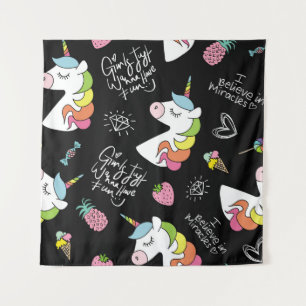 Unicorn, strawberry, pineapple, ice cream drawings tapestry