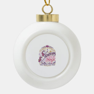 Unicorn Stretching Into My Magic Stylish White Bac Ceramic Ball Christmas Ornament