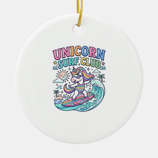 Unicorn Surf Club Ceramic Tree Decoration (Front)