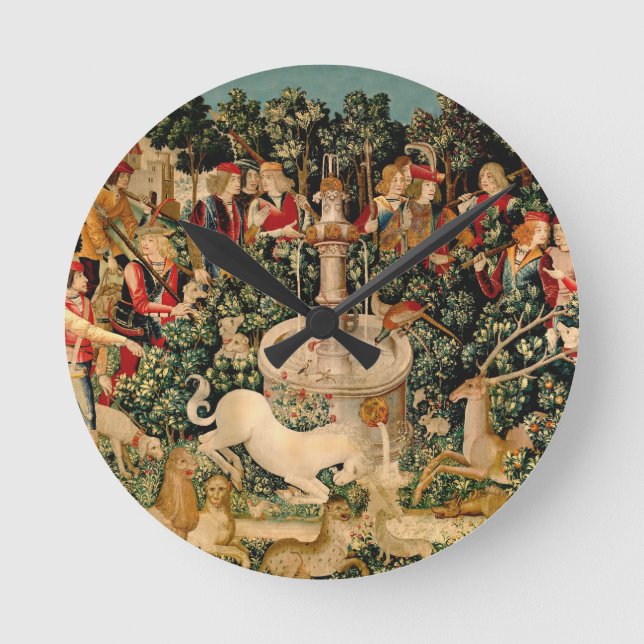 Unicorn Tapestries Found Legend Myth Mediaeval Art Round Clock (Front)