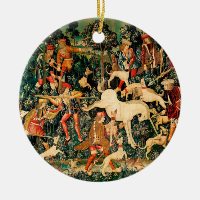 Unicorn Tapestries Mediaeval Classic Defends Hunt  Ceramic Tree Decoration (Front)