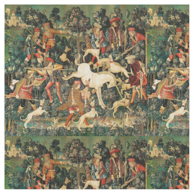 Unicorn Tapestries Mediaeval Classic Defends Hunt  Fabric (Close Up)