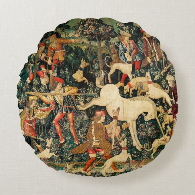 Unicorn Tapestries Mediaeval Classic Defends Hunt  Round Cushion (Front)