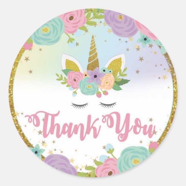 Unicorn Thank You Round Sticker (Front)