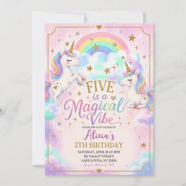 Unicorn Theme Five is a Magical Vibe 5th Birthday Invitation (Front)