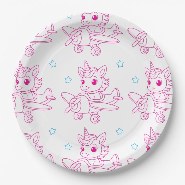 unicorn theme pink paper plate (Front)