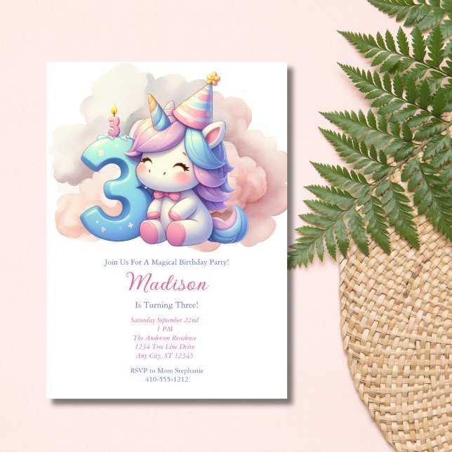 Unicorn Third 3rd Pink Blue Purple Girl Birthday  Invitation (Unicorn 3rd Third Birthday Party Invitation for Girl. Pink Blue Purple, Printed or Instant Digital )