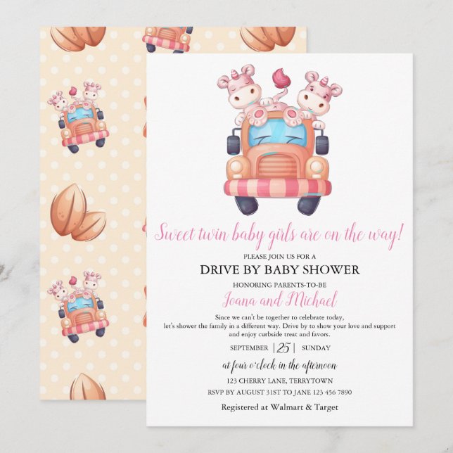 Unicorn Twin Girls Baby Shower Pink Drive Through  Invitation (Front/Back)