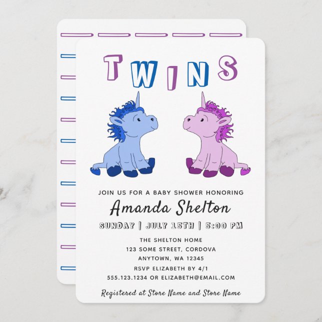 Unicorn Twins Baby Shower Invitation Card (Front/Back)