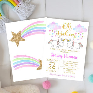 Unicorn Twins Pastel Rainbow Clouds Baby Shower Invitation