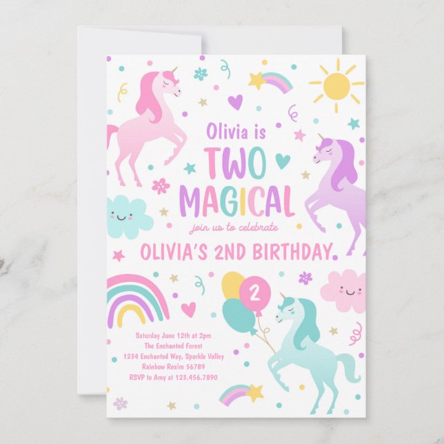 Unicorn Two Magical Pastel Rainbow 2nd Birthday Invitation (Front)