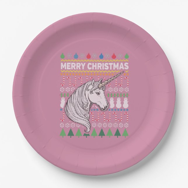 Unicorn Ugly Christmas Sweater Wildlife Series Paper Plate (Front)