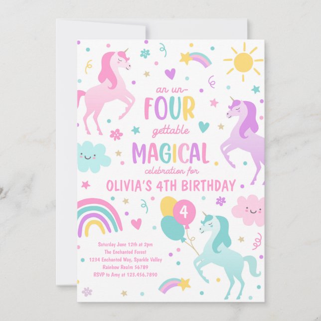 Unicorn Un-Four-Gettable 4th Party Birthday Party Invitation (Front)
