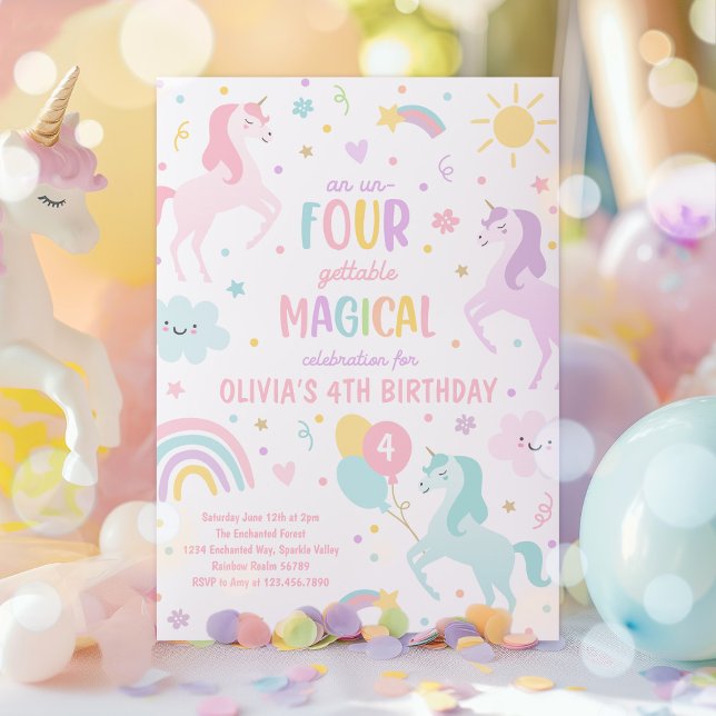 Unicorn Un-Four-Gettable 4th Party Birthday Party Invitation (Creator Uploaded)