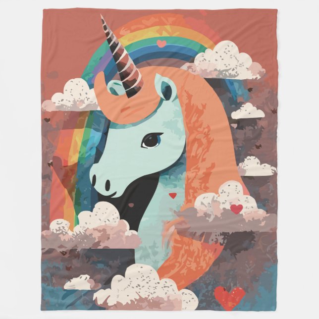 Unicorn under Rainbow & Among Hearts Fleece Blanket (Front)